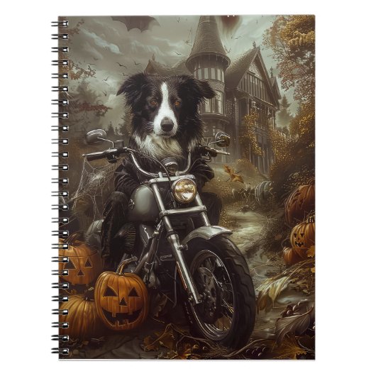 Border Collie Riding Motorfiets Halloween Eng Notitieboek (Voorkant)