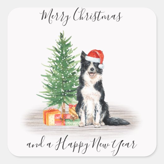 Border Collie Santa Dog Merry Kerstmis Vierkante Sticker (Voorkant)