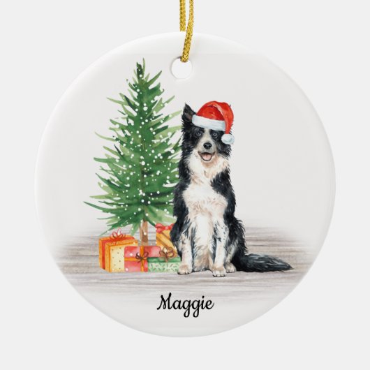 Border Collie Santa Dog Persoonlijke Kerstmis Keramisch Ornament (Voorkant)