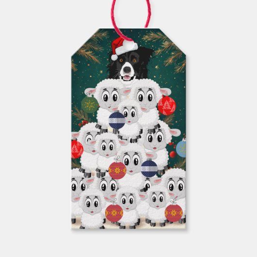 Border Collie Schapen Hoeden Kerstboom Cadeaulabel (Voorkant)