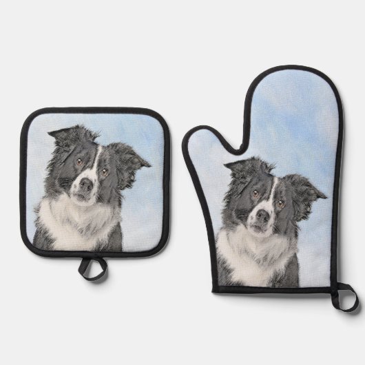 Border Collie Schilderen Rough Black & White Dog A Ovenwant & Pannenlap Set (Voorkant)
