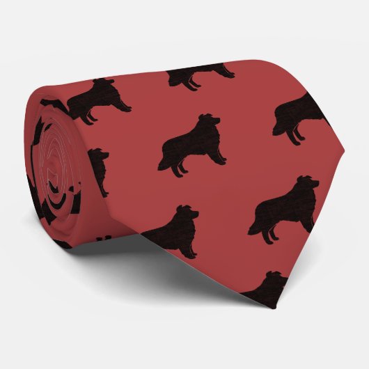Border Collie Silhouetten Patroon Zwart en Rood Stropdas (Opgerold)