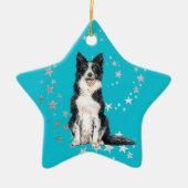 Border Collie Silver Stars Blauwgroen Kerstmis Keramisch Ornament (Voorkant)