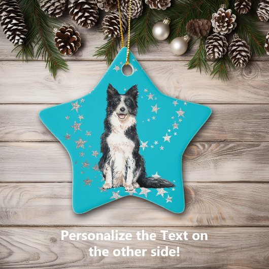 Border Collie Silver Stars Blauwgroen Kerstmis Keramisch Ornament