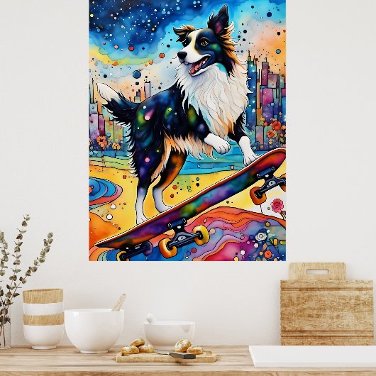 Border Collie Skateboarden Poster (Keuken)