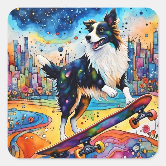 Border Collie Skateboarden Vierkante Sticker (Voorkant)