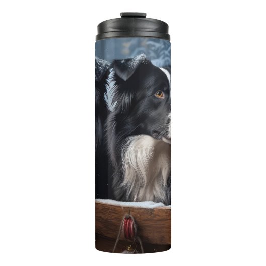 Border Collie Sneeuw Sleebellen Kerst Decoratie Thermosbeker (Voorkant)