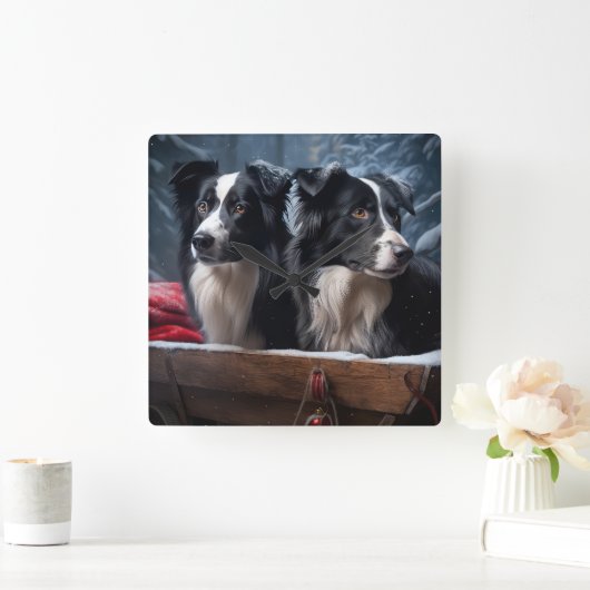 Border Collie Sneeuw Sleebells Kerst Decoratie   Vierkante Klok (Huis)