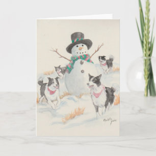 Border Collie Sneeuwman Feest Hond Kunst Wenskaart Kaart