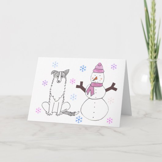 Border Collie & Snowman Feestdagen Kaart (Voorkant)