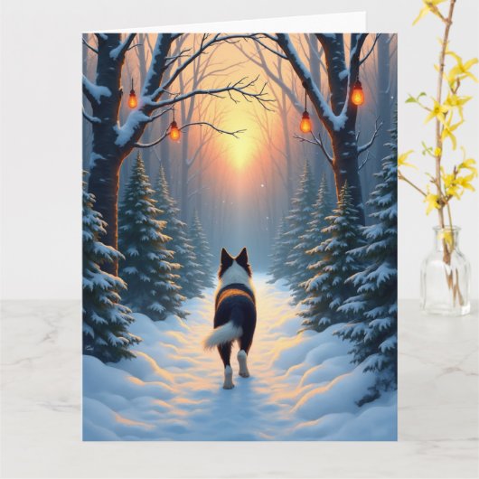 Border Collie Snowy Forest Walk Holiday Painting Kaart (Gele Bloem)