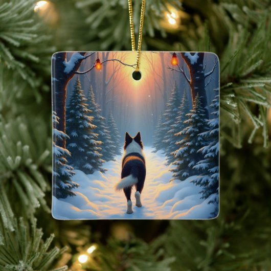 Border Collie Snowy Forest Walk Holiday Painting Keramisch Ornament (Boom)