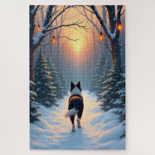 Border Collie Snowy Forest Walk Holiday Painting Legpuzzel (Verticaal)