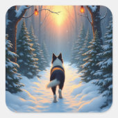 Border Collie Snowy Forest Walk Holiday Painting Vierkante Sticker (Voorkant)