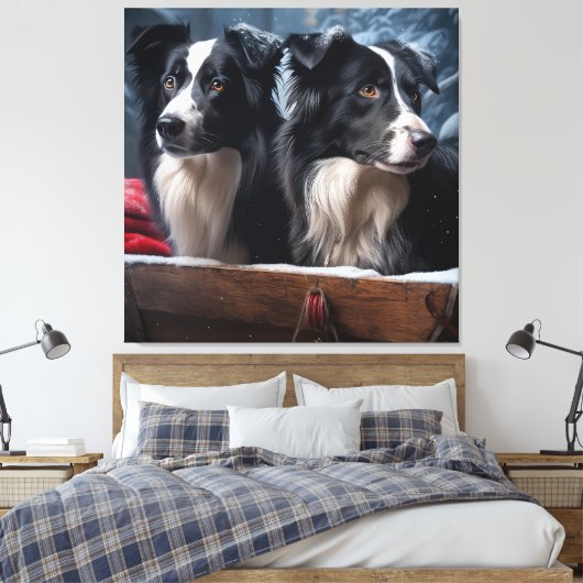 Border Collie Snowy Sleigh Kerst Decor Canvas Afdruk (Insitu (Slaapkamer))