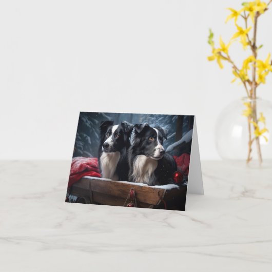 Border Collie Snowy Sleigh Kerst Decor Kaart (Gele Bloem)