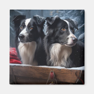 Border Collie Snowy Sleigh Kerst Decor Magneet