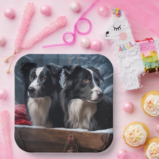 Border Collie Snowy Sleigh Kerst Decor Papieren Bordje (Feest)