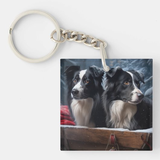 Border Collie Snowy Sleigh Kerst Decor Sleutelhanger (Voorkant)