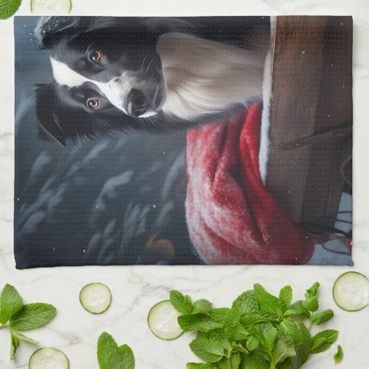 Border Collie Snowy Sleigh Kerst Decor Theedoek (Gevouwen)