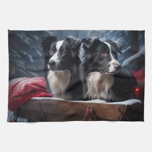 Border Collie Snowy Sleigh Kerst Decor Theedoek (Horizontaal)