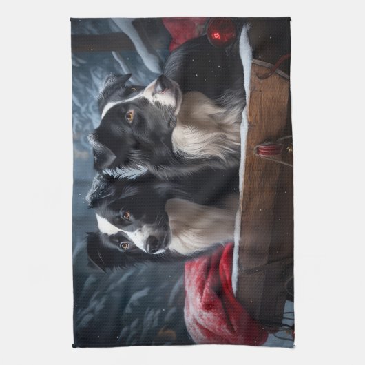 Border Collie Snowy Sleigh Kerst Decor Theedoek (Verticaal)