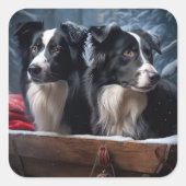 Border Collie Snowy Sleigh Kerst Decor Vierkante Sticker (Voorkant)