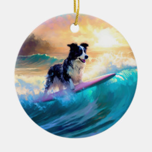 Border Collie Strand Surfen Schilderij Keramisch Ornament