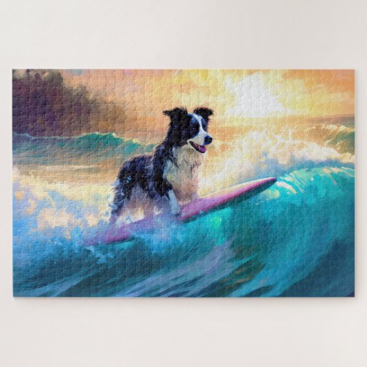 Border Collie Strand Surfen Schilderij Legpuzzel (Horizontaal)