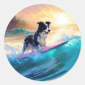 Border Collie Strand Surfen Schilderij Ronde Sticker (Voorkant)