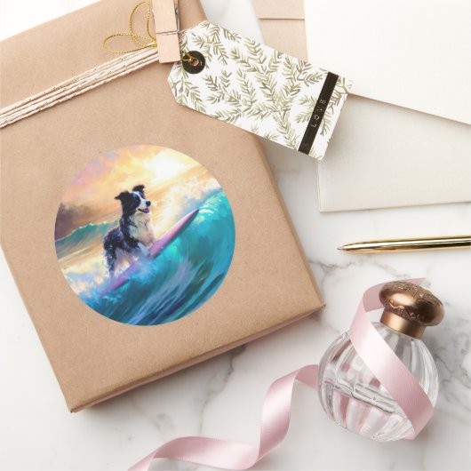 Border Collie Strand Surfen Schilderij Ronde Sticker (Geschenken)