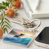 Border Collie Strand Surfen Schilderij Sleutelhanger (Voorkant Rechts)