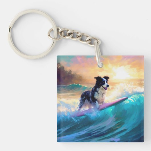 Border Collie Strand Surfen Schilderij Sleutelhanger (Voorkant)