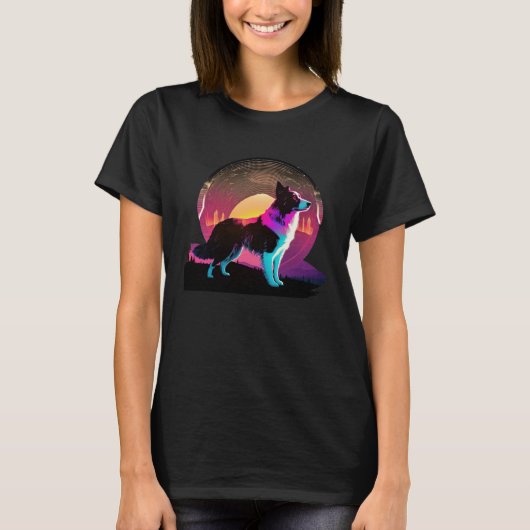 Border Collie Synthwave 80s Retrowave Aesthetic T-shirt (Voorkant)