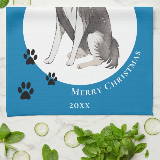 Border Collie Tekening Paw Vrolijk Kerstfeest Theedoek (Gevouwen)