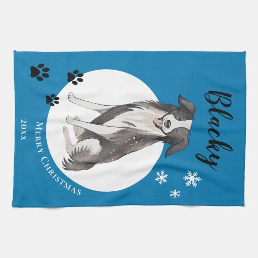 Border Collie Tekening Paw Vrolijk Kerstfeest Theedoek (Horizontaal)