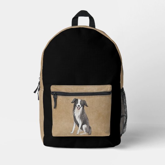 Border Collie Tekening Rustiek Beige Zwart Bedrukte Rugzak (Voorkant)
