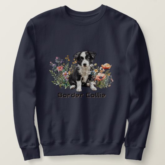 Border Collie tussen veldbloemen Aangepaste tekst Trui (Design voorkant)
