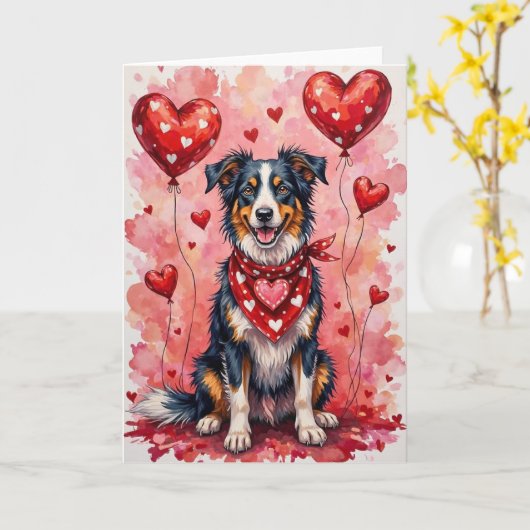 Border Collie Valentijnsdag Hond met Harten Rood Kaart (Gele Bloem)