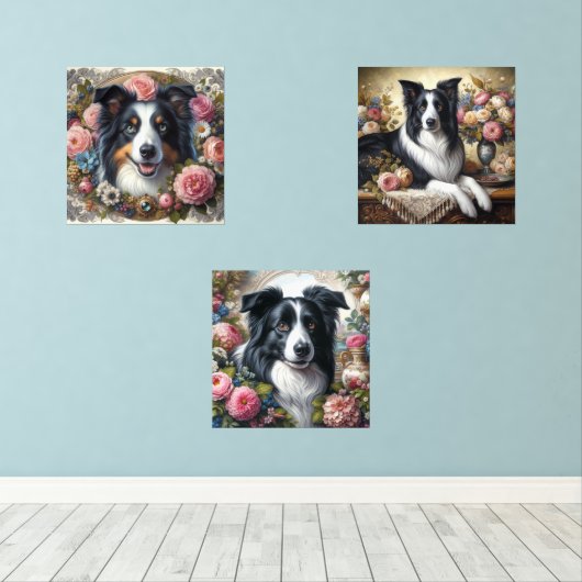 Border Collie Victoriaans Roos Muurkunst Sets (Houten vloer)