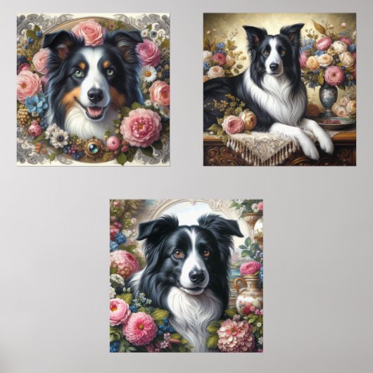 Border Collie Victoriaans Roos Muurkunst Sets (Voorkant)