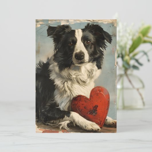 Border Collie Vintage Valentijnsdag  Feestdagenkaart (Staand voorkant)