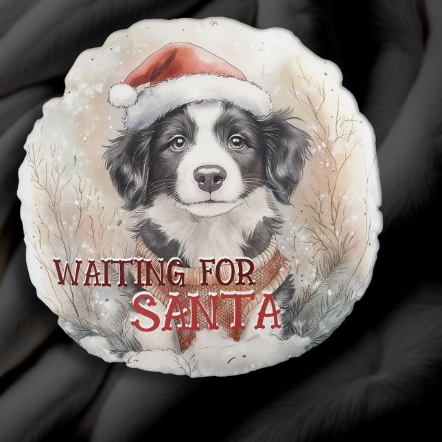Border Collie wacht op de Waterverf van de Kerstma Rond Kussen (Border Collie Waiting For Santa Dog Watercolor Round Pillow. Personalize it!)