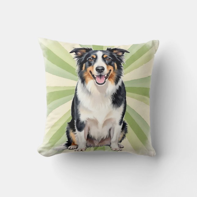 Border Collie Waterverf Radiale Burst Kunst Kussen (Voorkant)