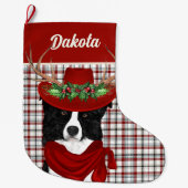 Border Collie & Western Plaid with Dog's Name Grote Kerstsok (Voorkant)