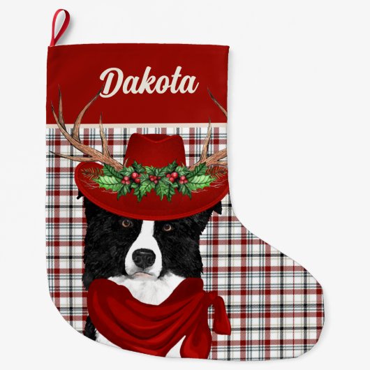 Border Collie & Western Plaid with Dog's Name Grote Kerstsok (Voorkant)