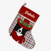 Border Collie & Western Plaid with Dog's Name Grote Kerstsok (Voorkant (Hangend))