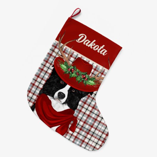 Border Collie & Western Plaid with Dog's Name Grote Kerstsok (Voorkant (Hangend))