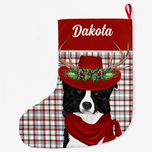 Border Collie & Western Plaid with Dog's Name Grote Kerstsok (Achterkant)