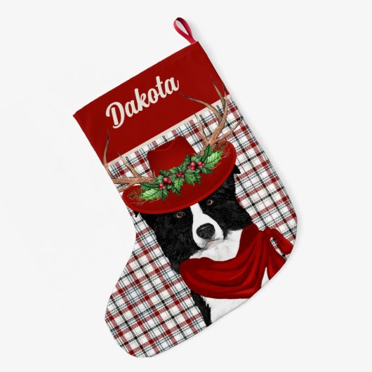 Border Collie & Western Plaid with Dog's Name Grote Kerstsok (Achterkant (Hangend))